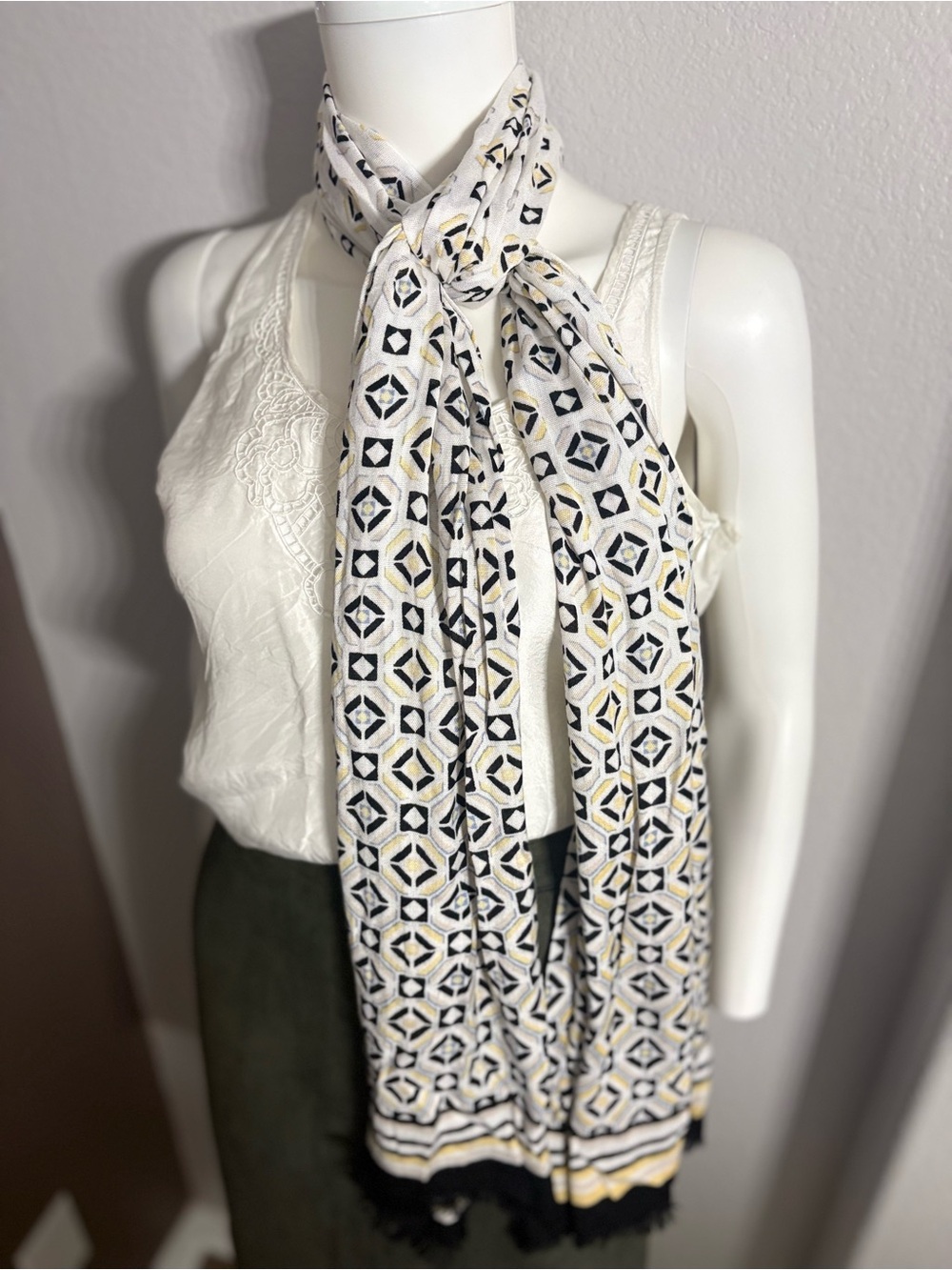 Geometric Print Long Scarf in White, Black & Gold Accent